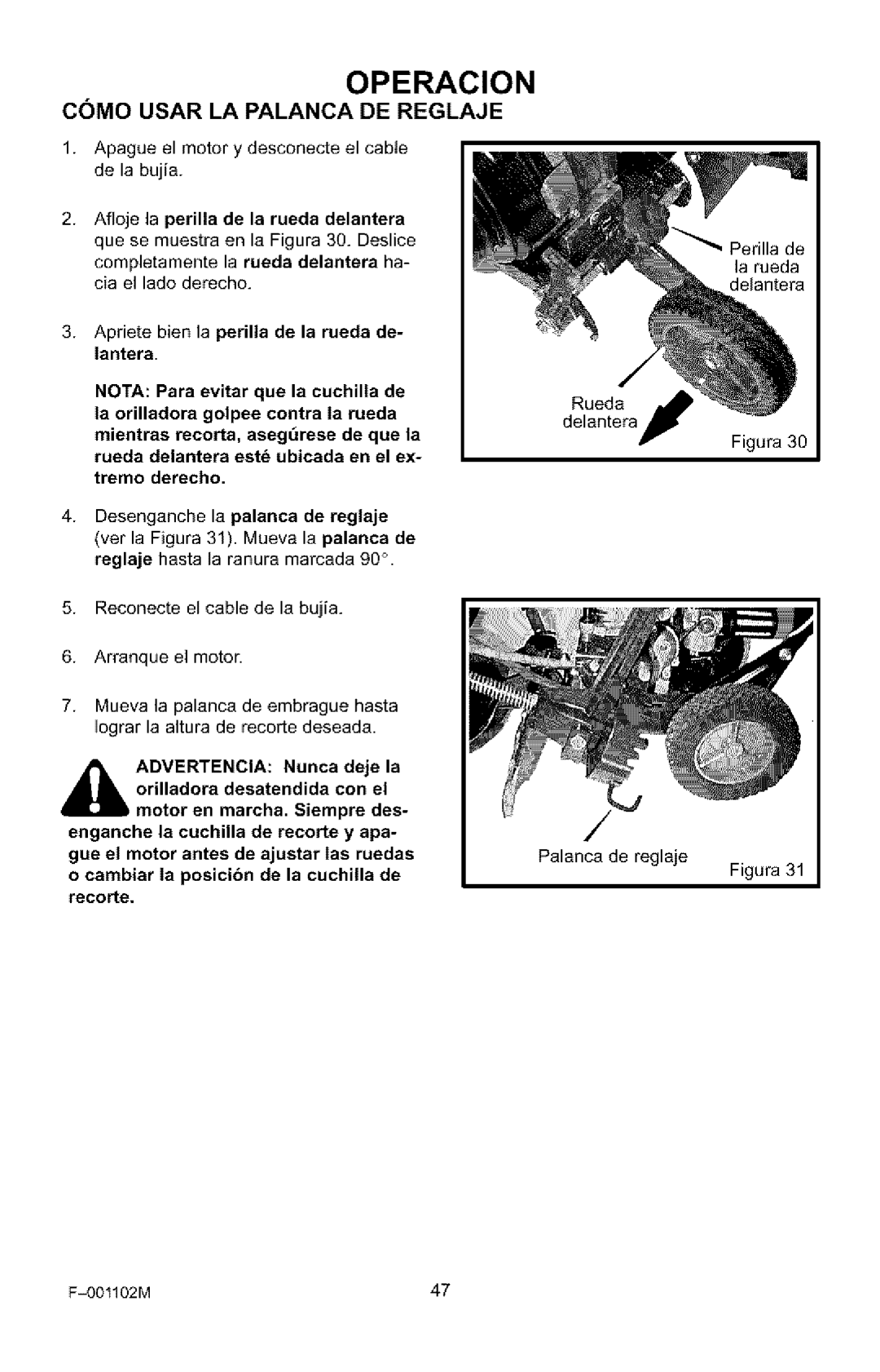 Craftsman 536.772301 manual Como Usar LA Palanca DE Reglaje, Recorte 