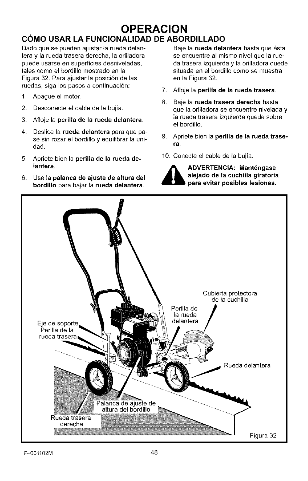 Craftsman 536.772301 manual Como Usar LA Funcionalidad, DE Abordillado, Afloje la perilla de la rueda delantera 