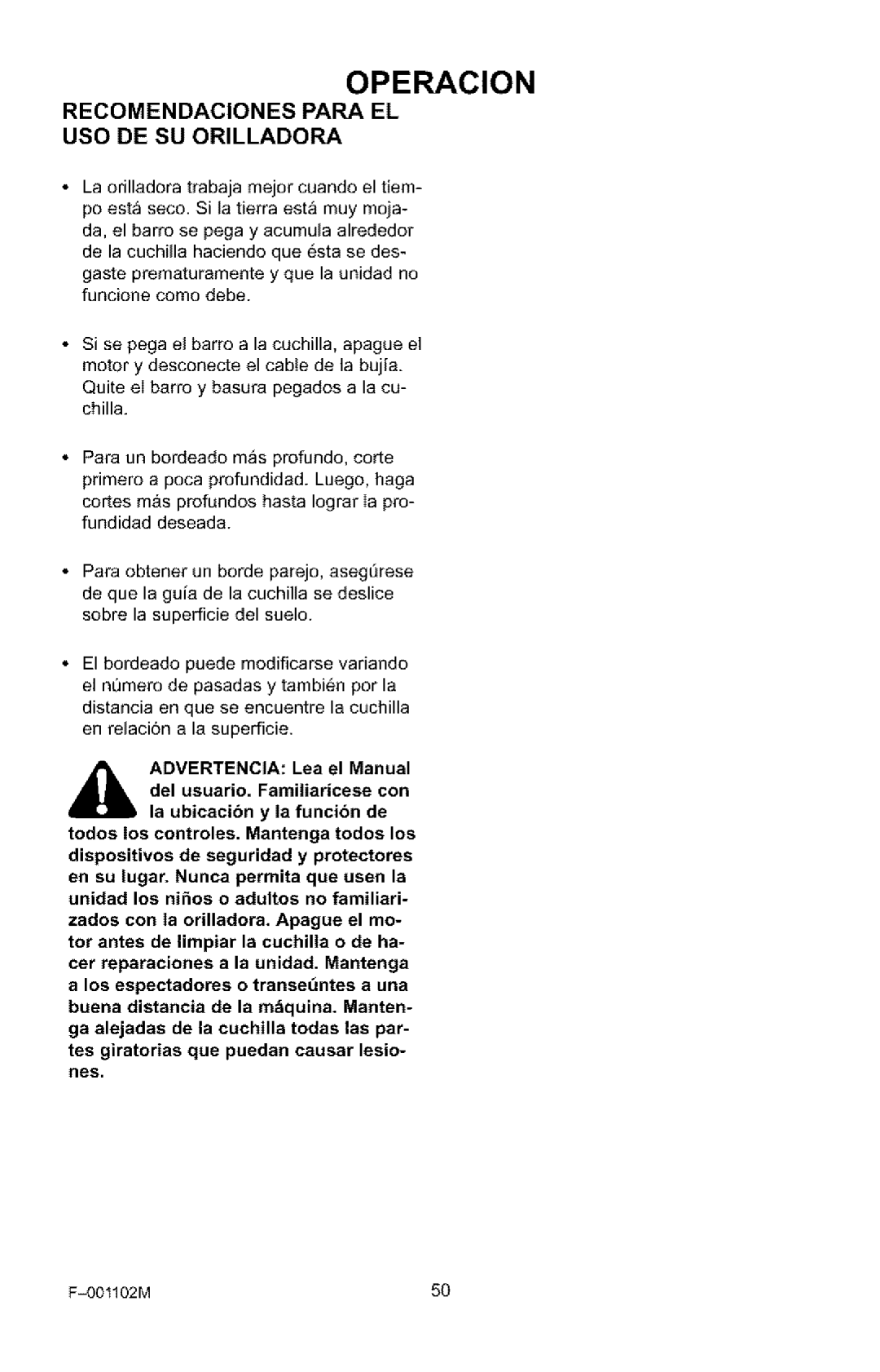 Craftsman 536.772301 manual Recomendaciones Para EL USO DE SU Orilladora, Buena distancia de la mquina. Manten 