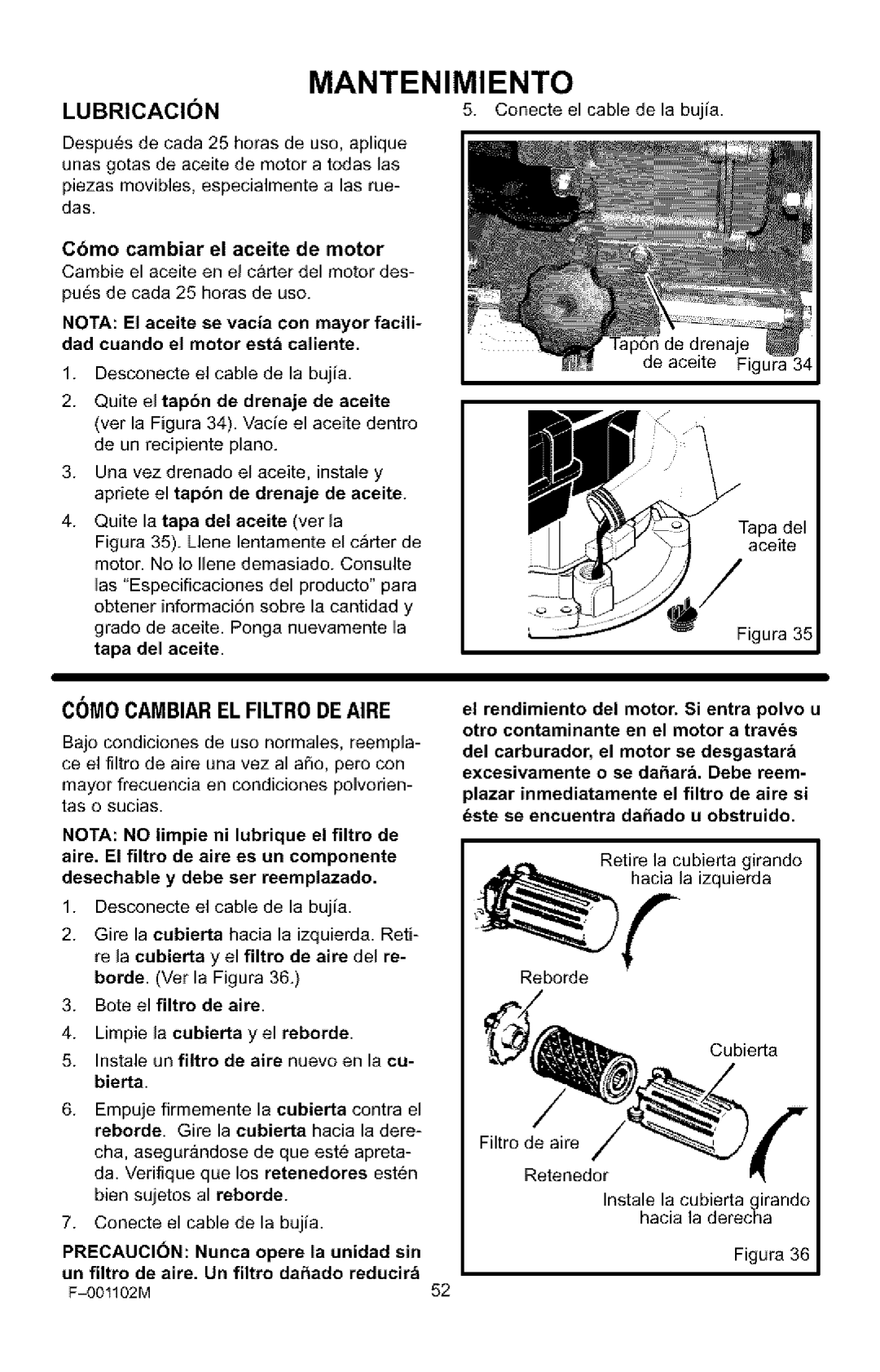 Craftsman 536.772301 manual Lubricacicn, CMO Cambiarel Filtrodeaire, Cbmo cambiar el aceite de motor 