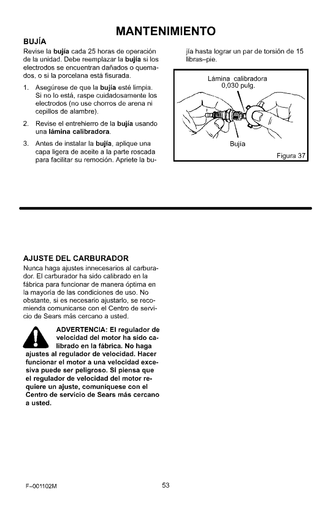 Craftsman 536.772301 manual Buja, Ajuste DEL Carburador 