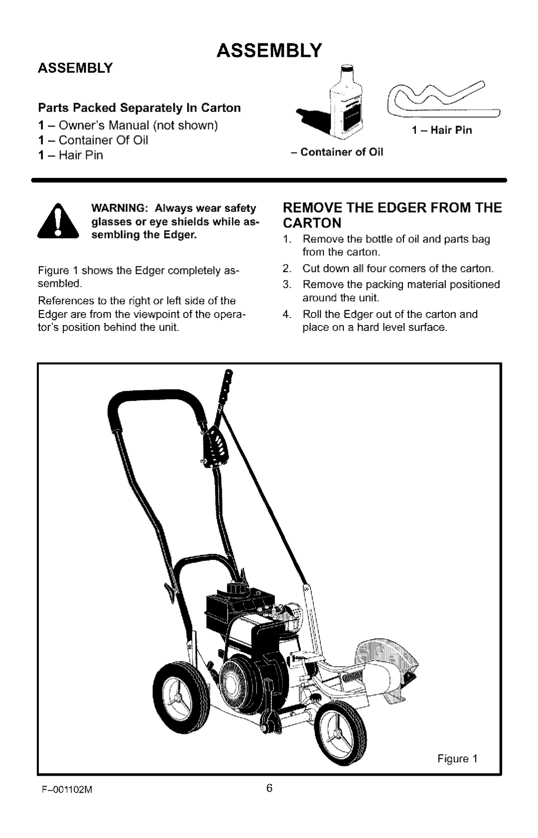 Craftsman 536.772301 manual Assembly, Parts Packed Separately In Carton, HairPin Container of Oil 