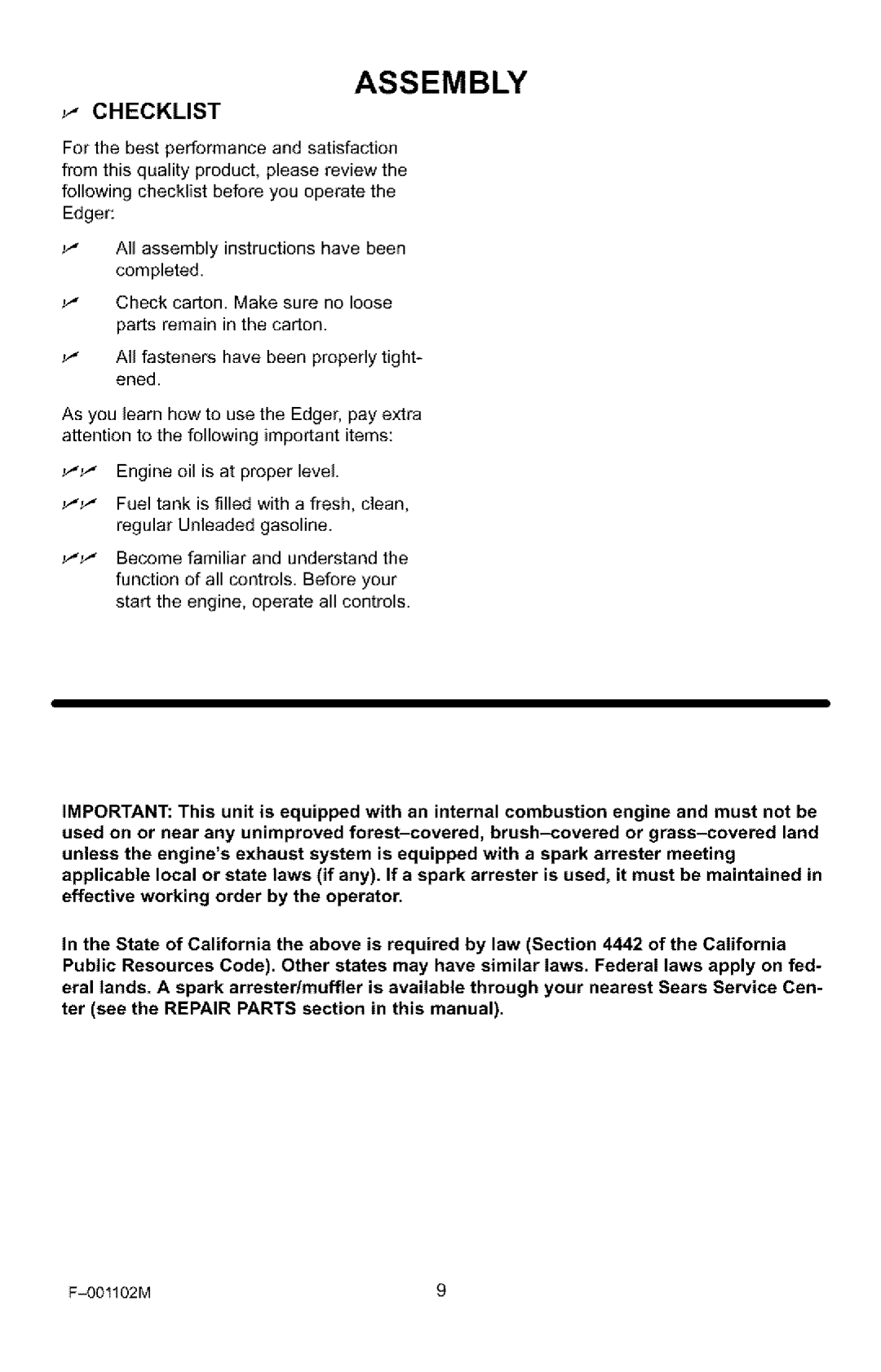 Craftsman 536.772301 manual Checklist 