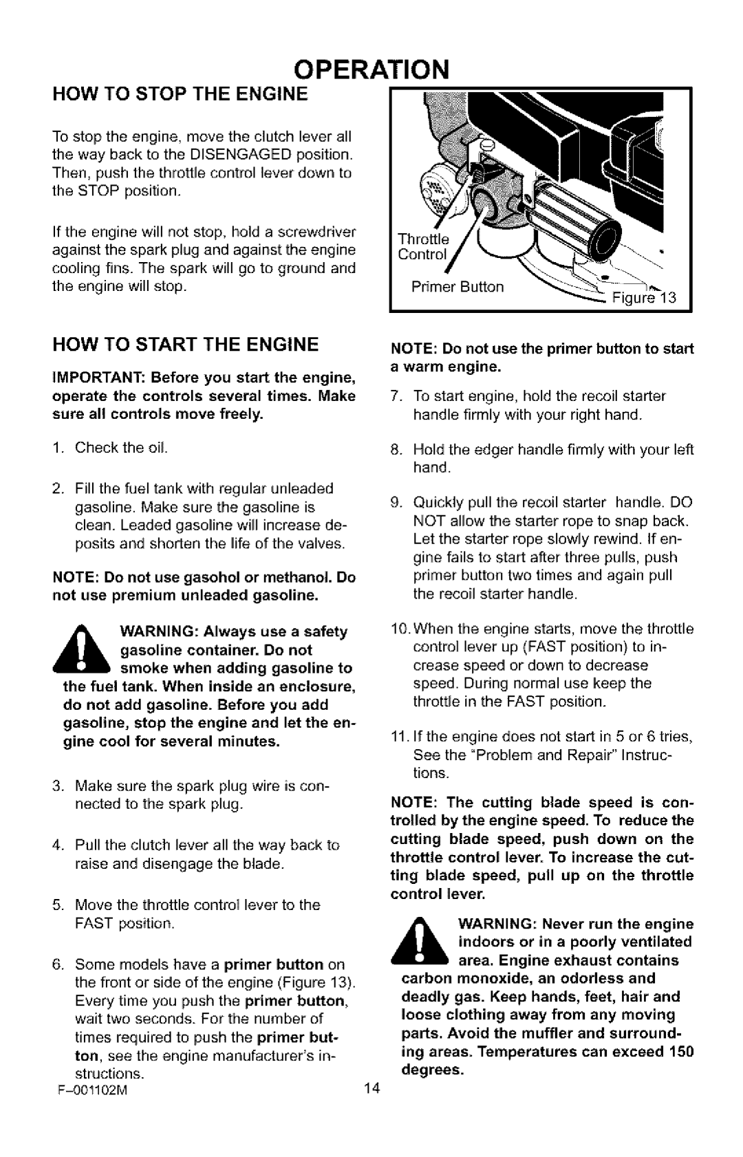 Craftsman 536.772301 manual Operation, How To Stop The Engine, How To Start The Engine 