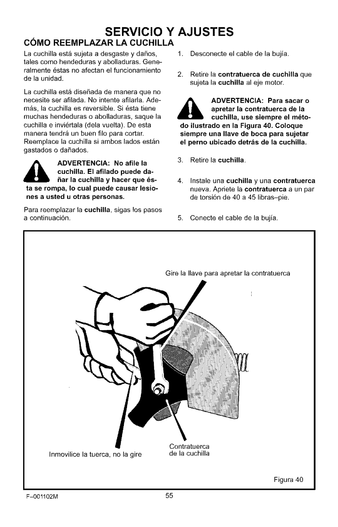 Craftsman 536.772301 manual Servicio Y Ajustes, Como Reemplazar La Cuchilla 