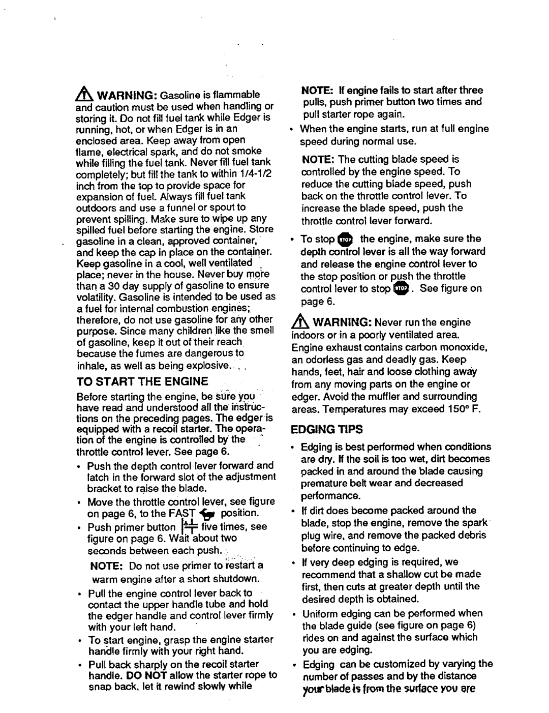 Craftsman 536.7974 operating instructions To Start the Engine, Edging Tips 