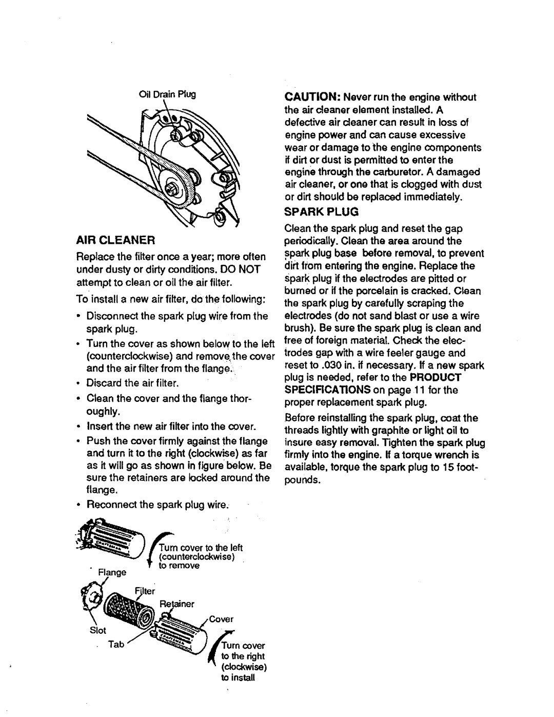 Craftsman 536.7974 operating instructions AIR Cleaner, Spark Plug 