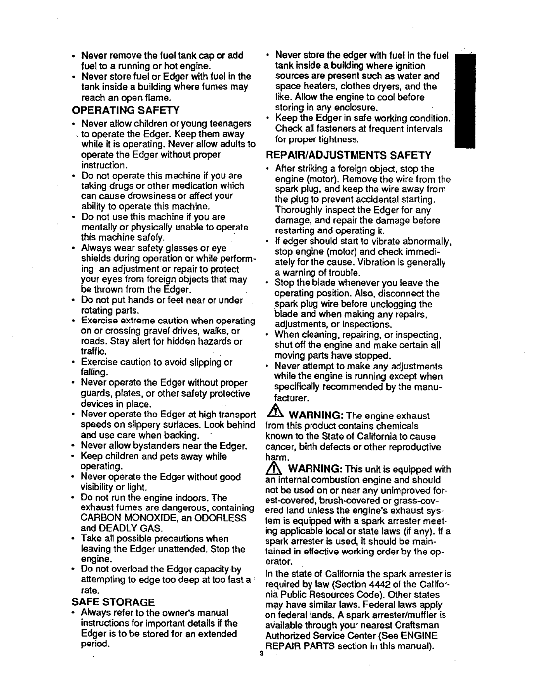 Craftsman 536.7974 operating instructions REPAIR/ADJUSTMENTS Safety, Operating Safety, Safe Storage 