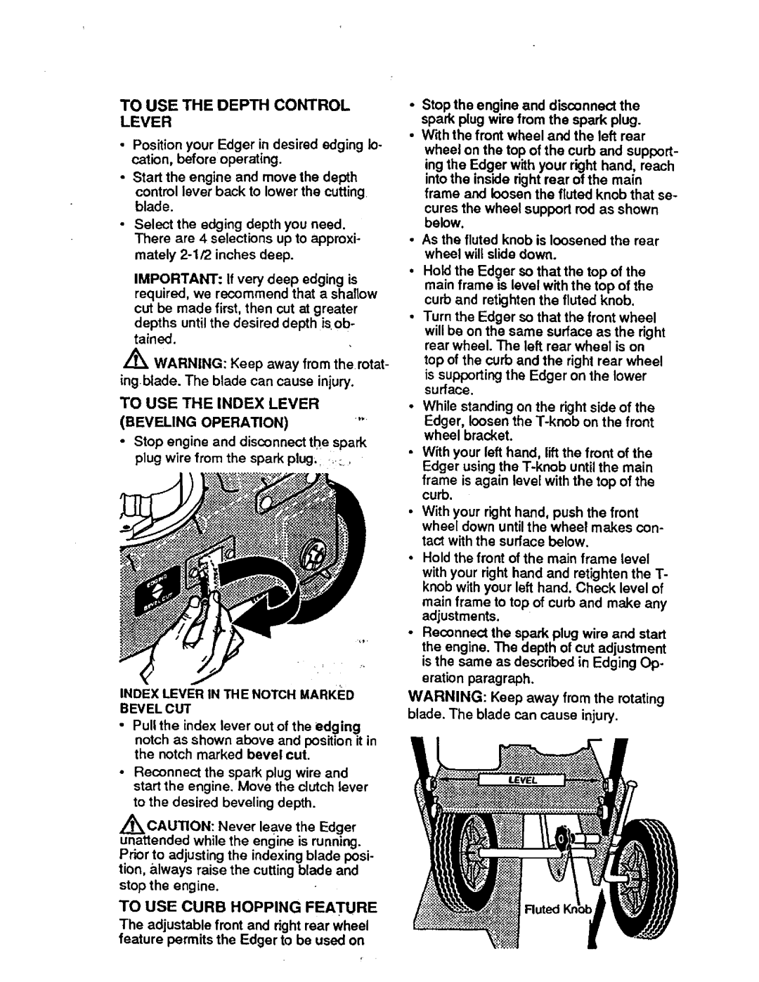 Craftsman 536.7974 To USE the Depth Control Lever, To USE Index Lever Beveling Operation, To USE Curb Hopping Feature 