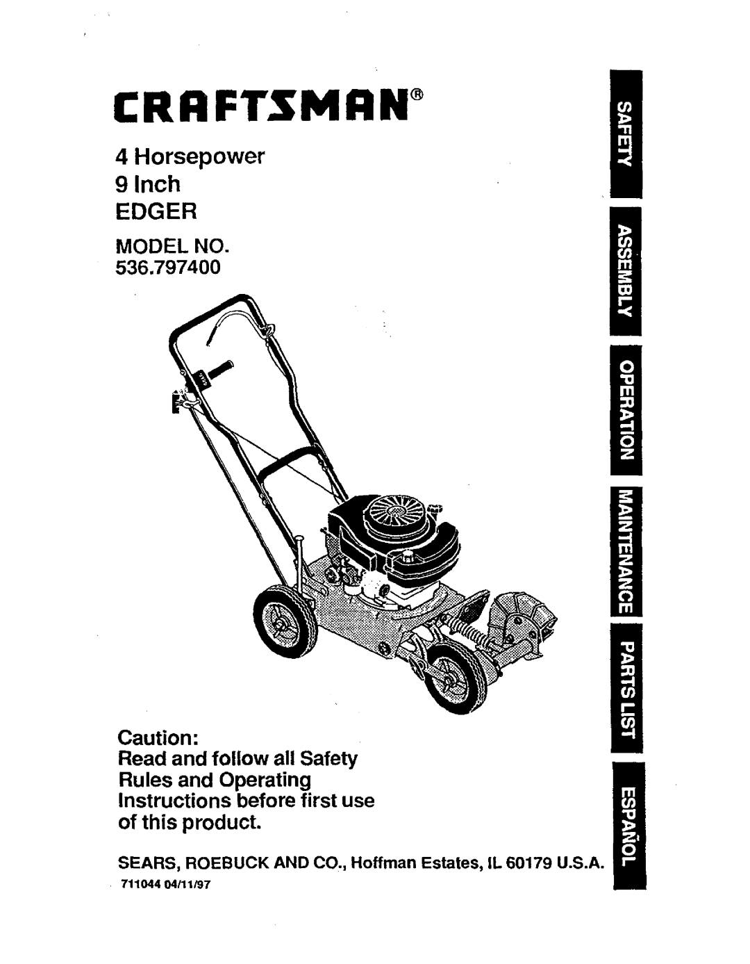 Craftsman 536.7974 operating instructions 4Horsepower 9Inch EDGER, CRR FTSMI tW, Model No, Read and follow all Safety 