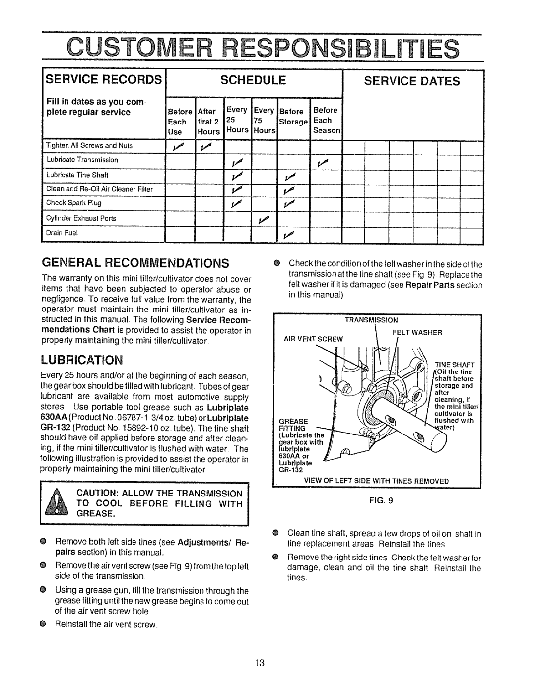 Craftsman 536.7975 manual Esponsi, Ilities, Schedule, Service Dates, General Recommendations, LUBRiCATiON 