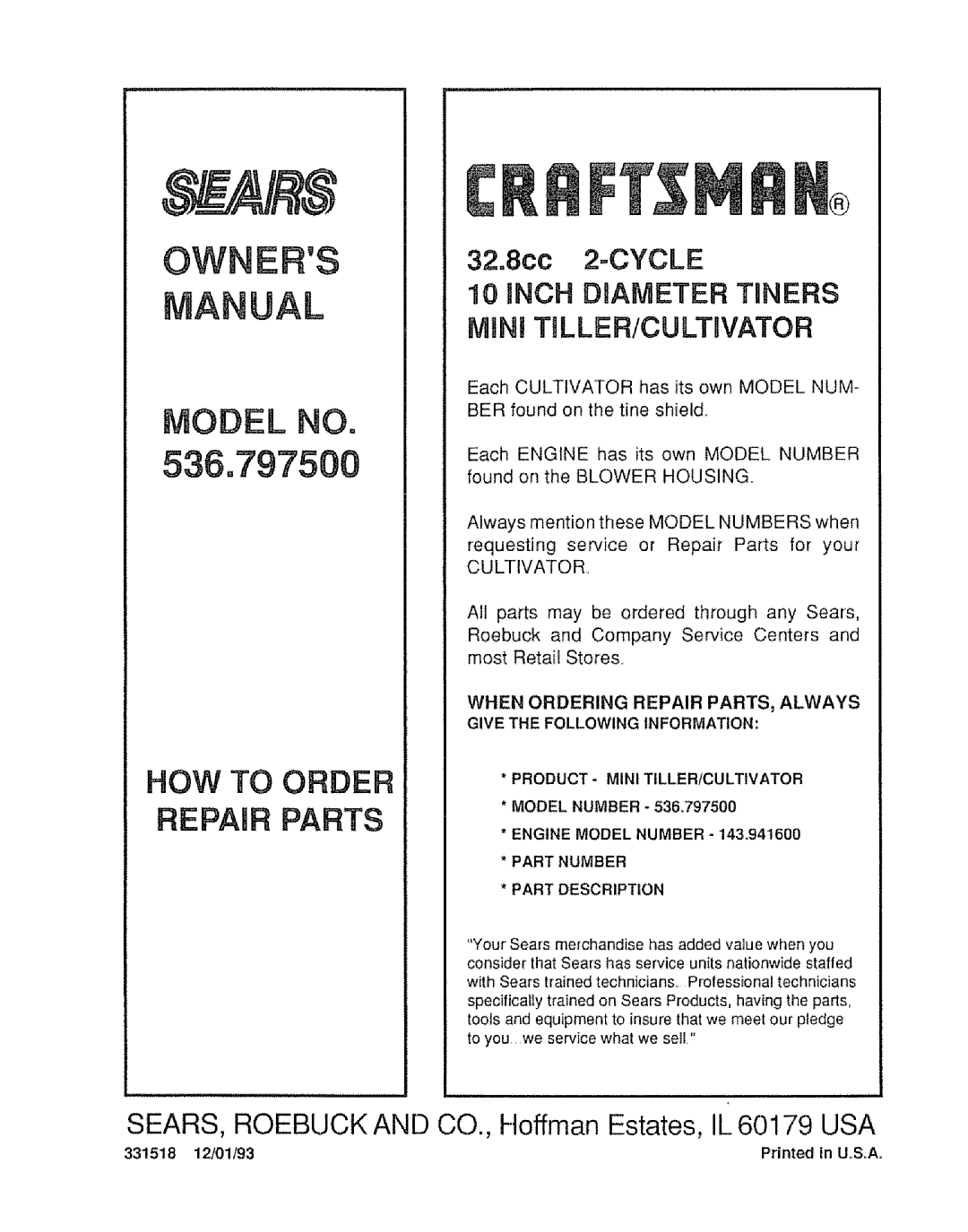 Craftsman 536.7975 manual How To Order Repair Parts, 32o8CC 2oCYCLE, INCH DIAMETER TUNERS MiNi TNLLER/CULT VATOR, Owners Al 