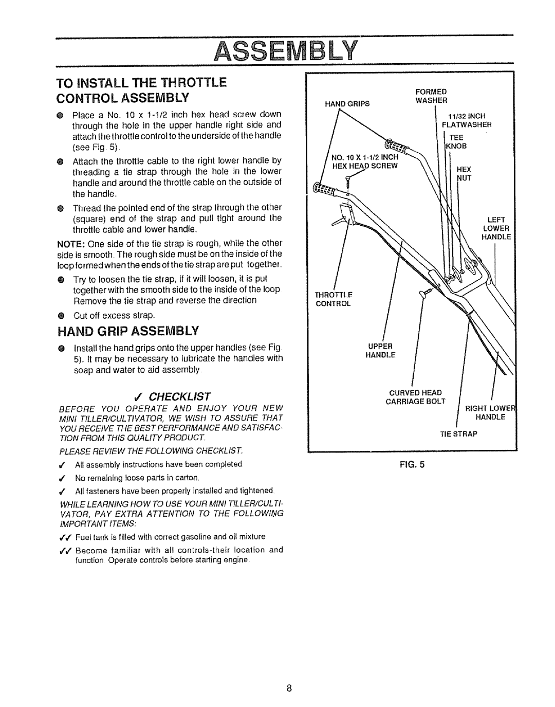 Craftsman 536.7975 manual To Install The Th Rottle Control Assembly, Hand Grip Assembly, f CHECKLIST 