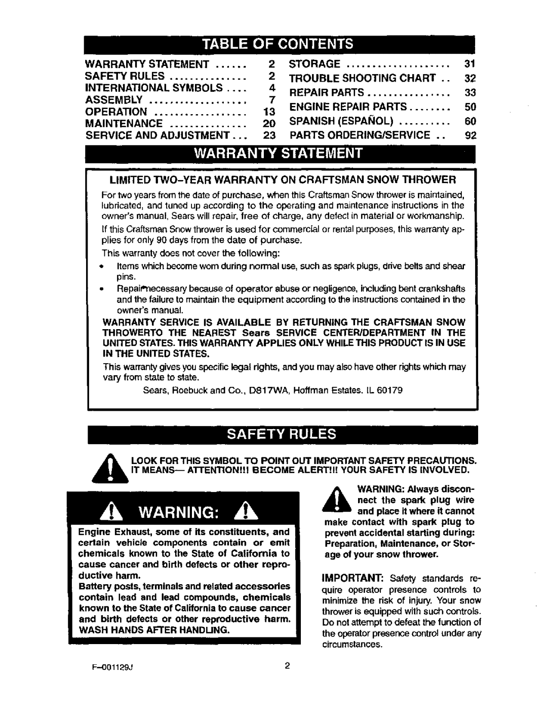 Craftsman 536.88112 operating instructions Limited TWO-YEAR Warranty on Craftsman Snow Thrower, Wash Hands After Handling 