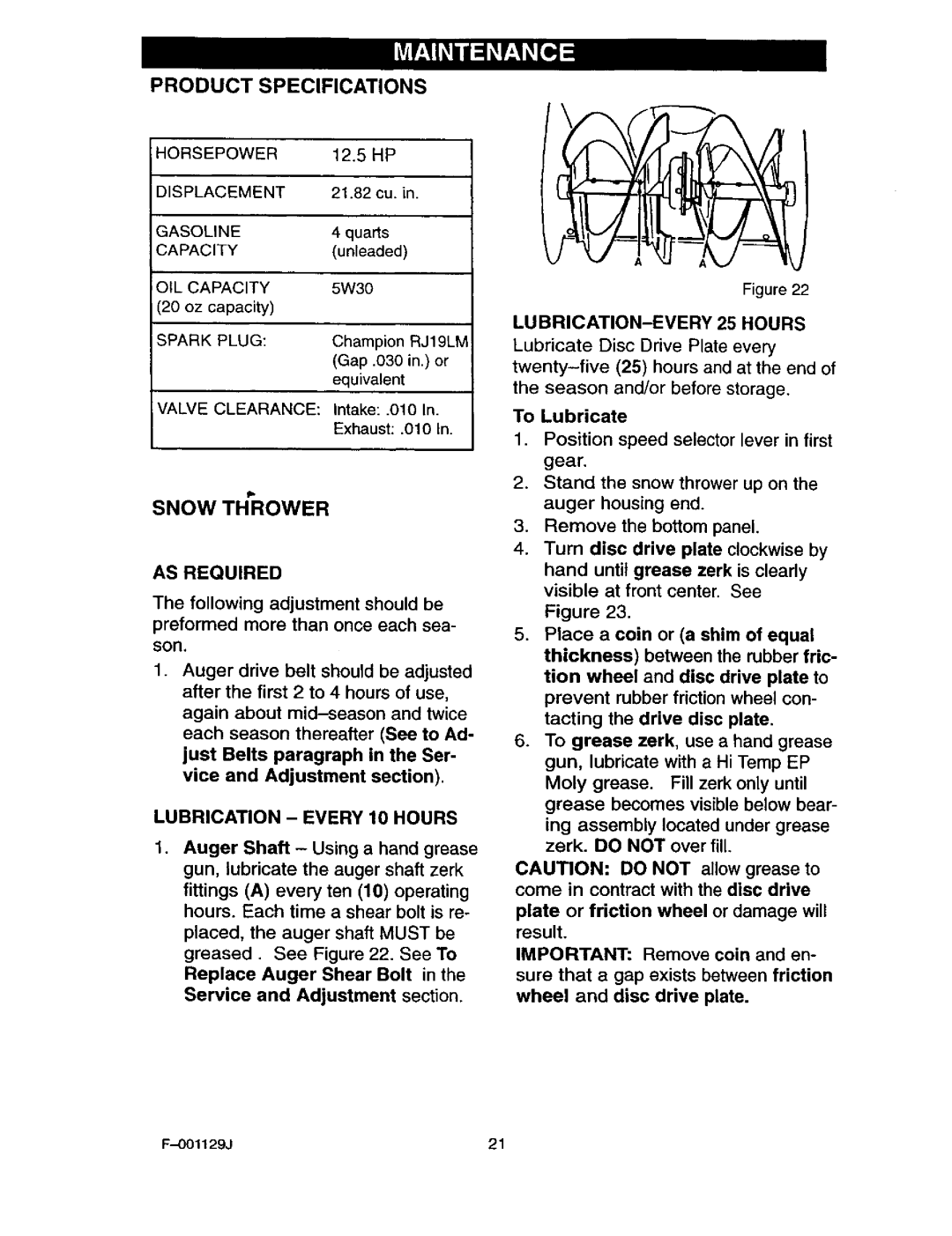 Craftsman 536.88112 operating instructions Product Specifications, AS Required, Lubrication Every 10 Hours 