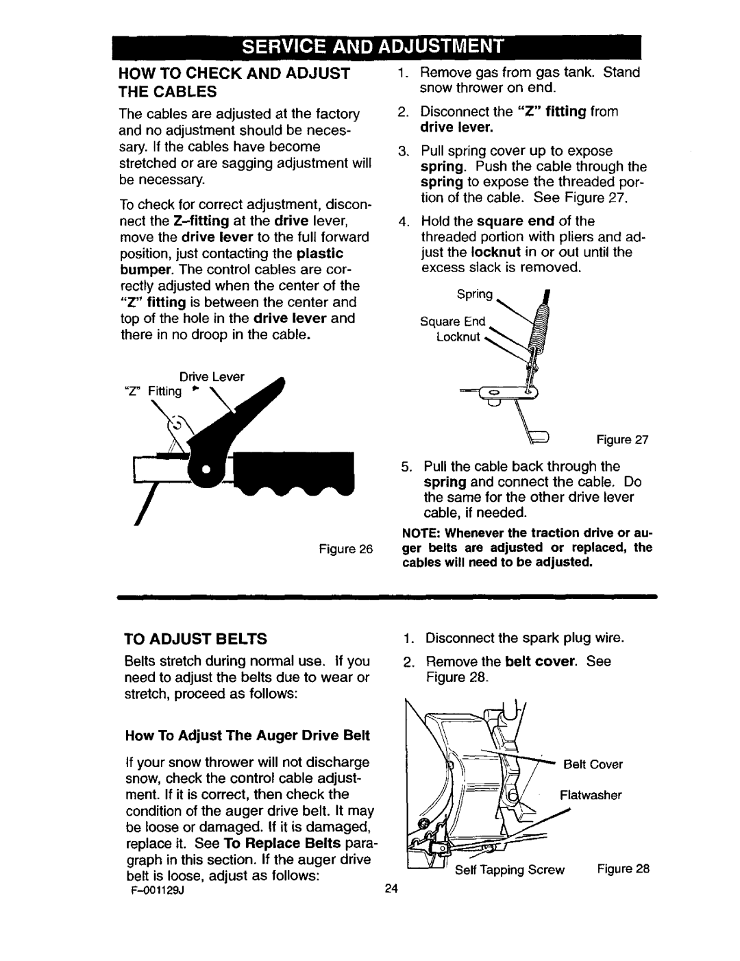 Craftsman 536.88112 HOW to Check and Adjust the Cables, To Adjust Belts, How To Adjust The Auger Drive Belt 