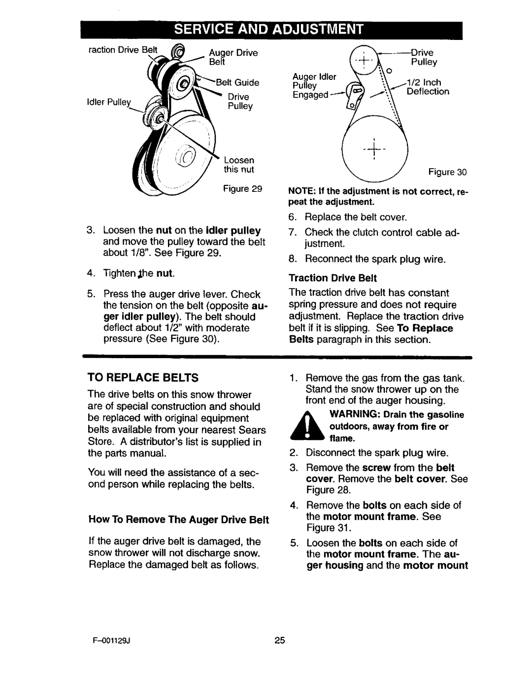 Craftsman 536.88112 To Replace Belts, Tighten ,the nut, How To Remove The Auger Drive Belt, Traction Drive Belt 