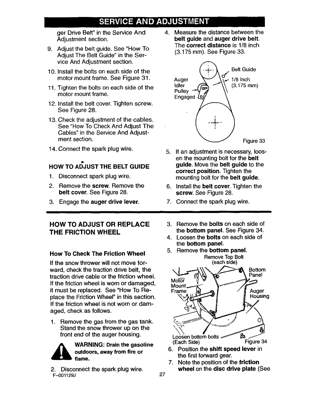 Craftsman 536.88112 operating instructions HOW to Adjust or Replace the Friction Wheel, HOW to Adjust the Belt Guide 