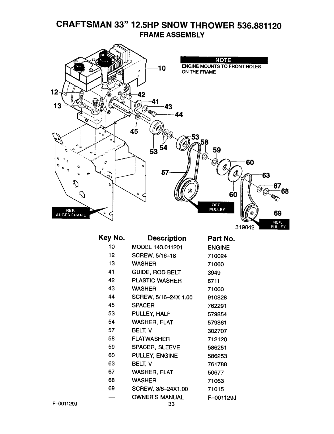 Craftsman 536.88112 operating instructions Frame Assembly, 5359, Description, 319042, 910828 