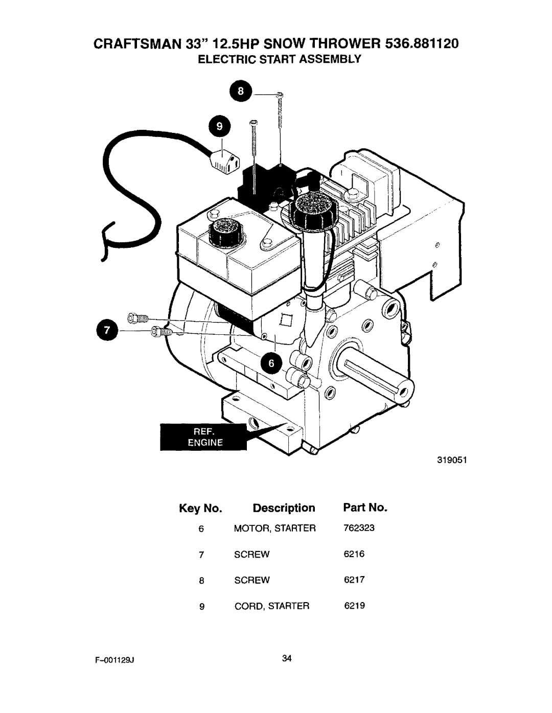 Craftsman 536.88112 operating instructions Craftsman 33 12.5HP Snow Thrower, Electric Start Assembly 