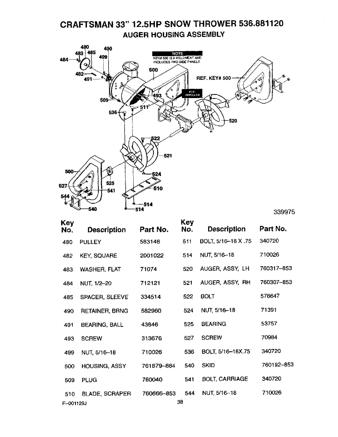 Craftsman 536.88112 operating instructions Auger Housing Assembly, Key 