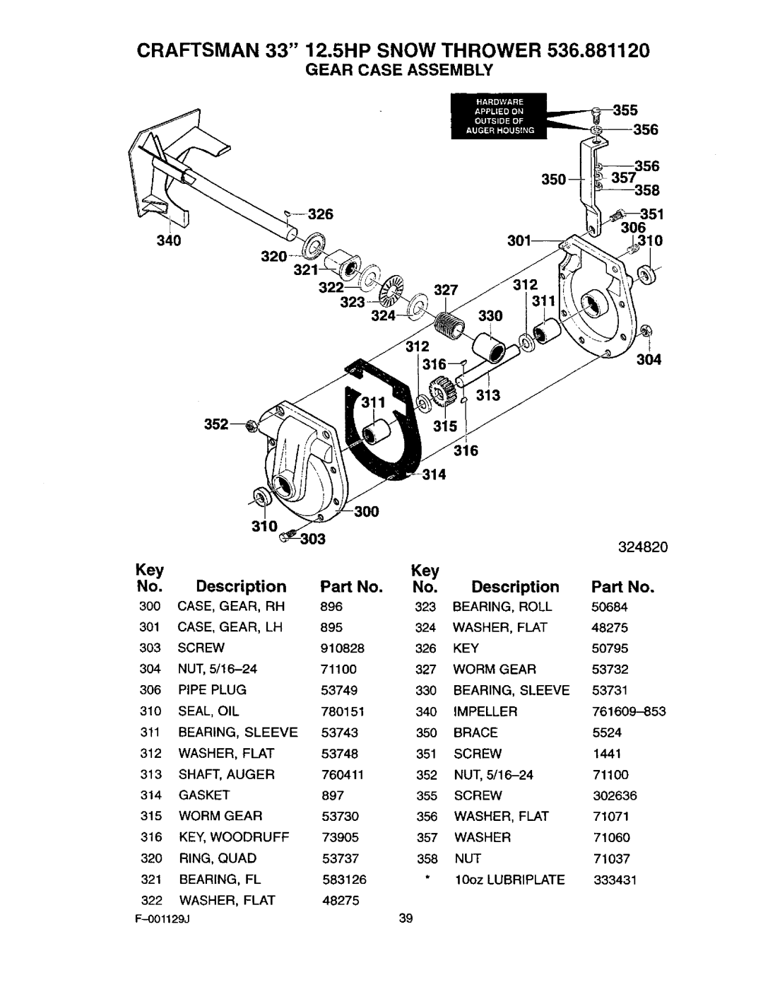 Craftsman 536.88112 operating instructions Gear Case Assembly, Key Description, 306 340 321 327 330 304 316, 310 