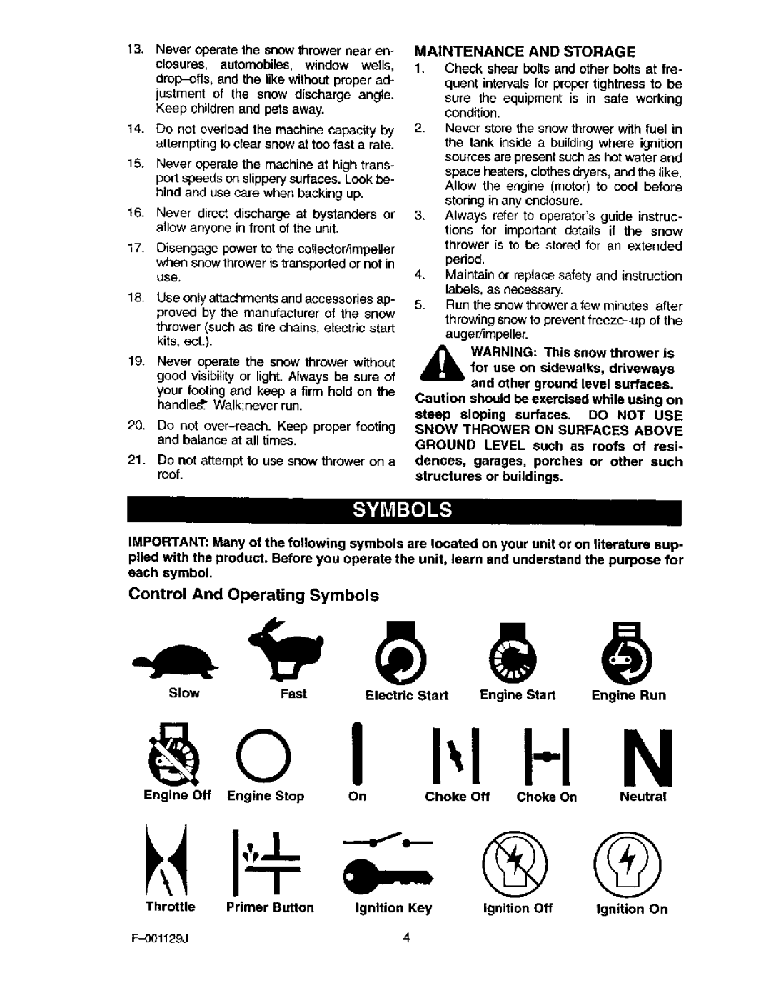 Craftsman 536.88112 Control And Operating Symbols, When snow thrower is transported or not, Maintenance and Storage 