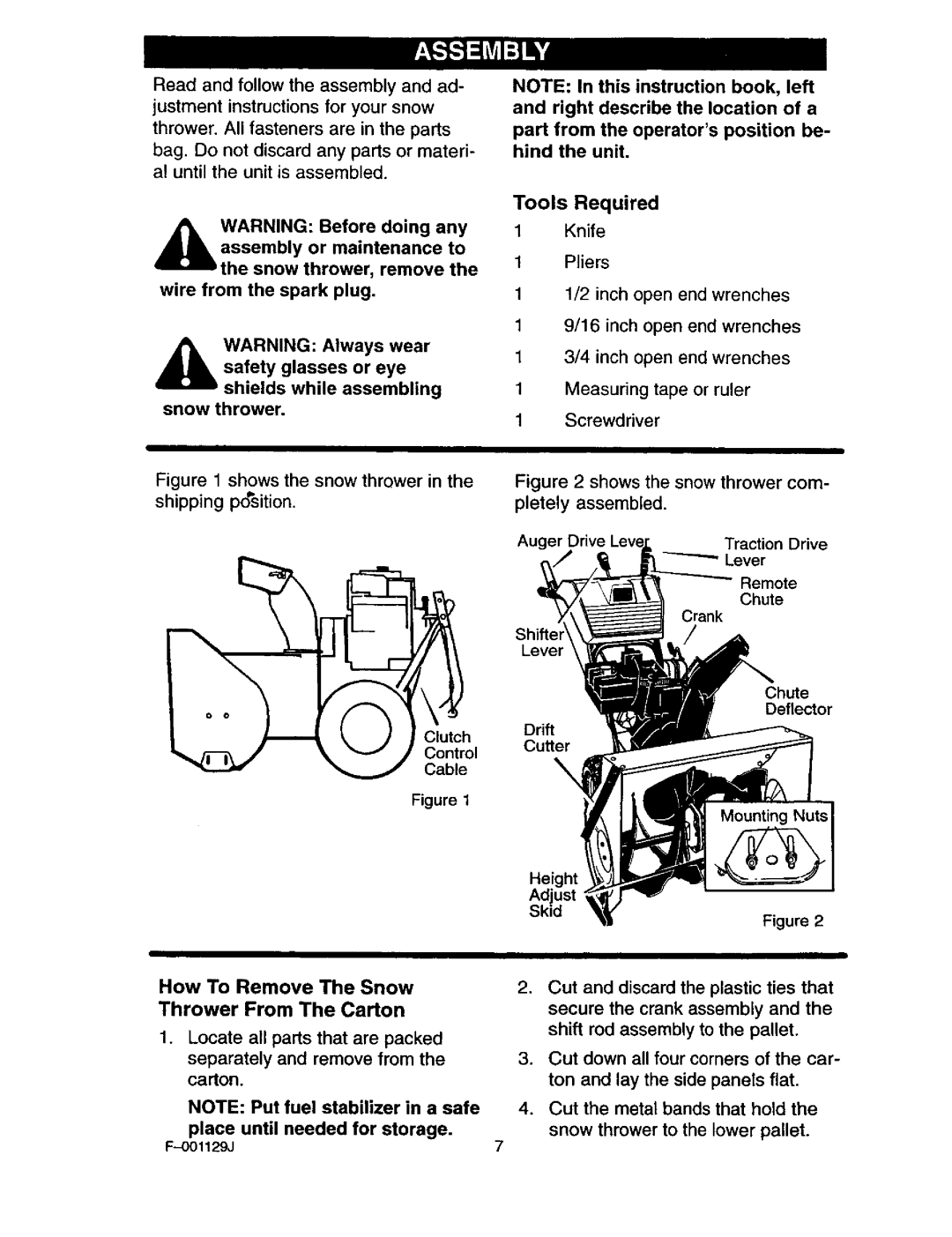 Craftsman 536.88112 operating instructions How To Remove The Snow Thrower From The Carton, Tools Required, Lever, Deflector 