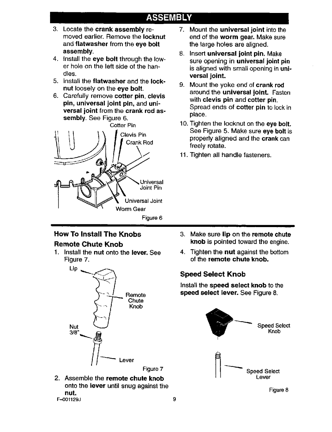 Craftsman 536.88112 operating instructions How To Install The Knobs, Universal Joint 