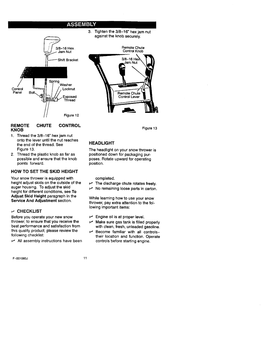 Craftsman 536.88113 HOW to SET the Skid Height, Headlight, Remote Chute Control Knob, All assembly instructions have been 