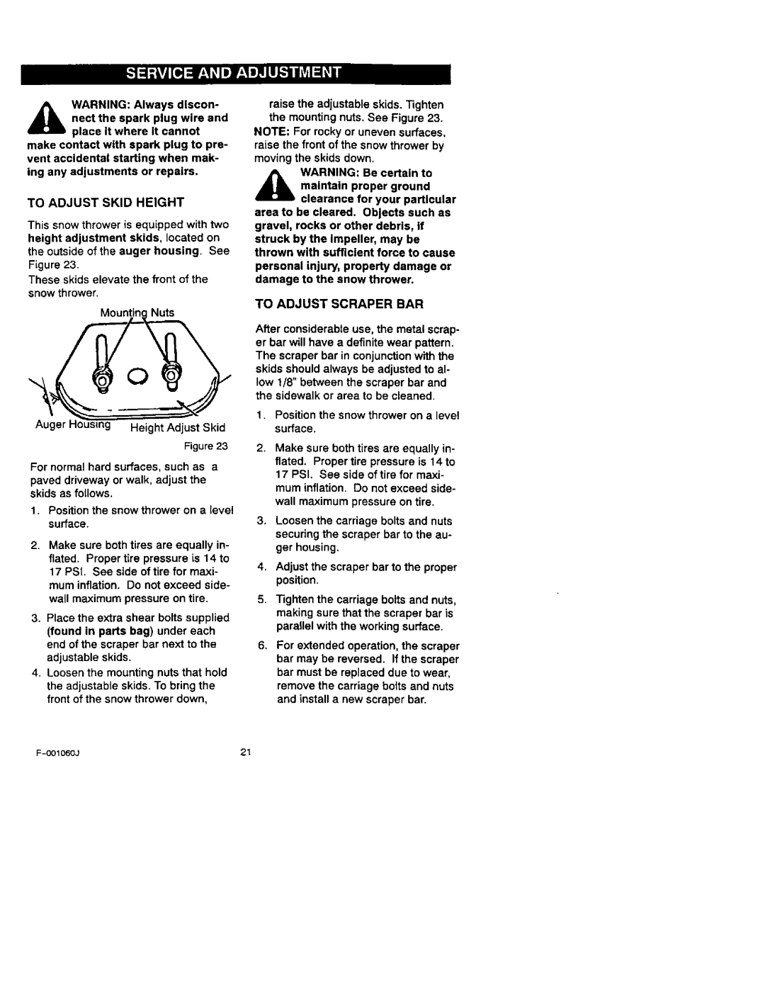 Craftsman 536.88113 operating instructions To Adjust Skid Height, To Adjust Scraper BAR 