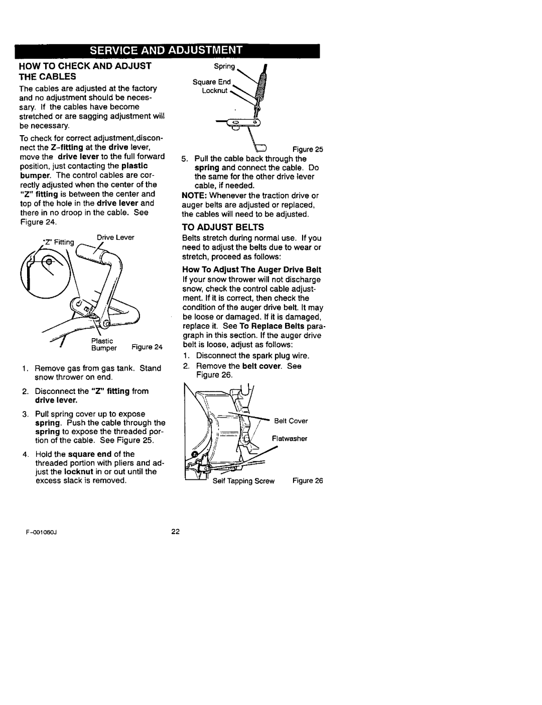 Craftsman 536.88113 operating instructions HOW to Check and Adjust Thecables, Square End Locknut, To Adjust Belts 