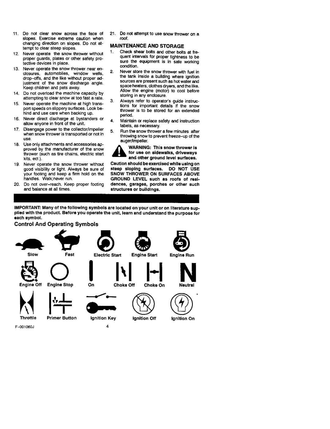 Craftsman 536.88113 operating instructions Each symbol Control And Operating Symbols, Maintenance and Storage 