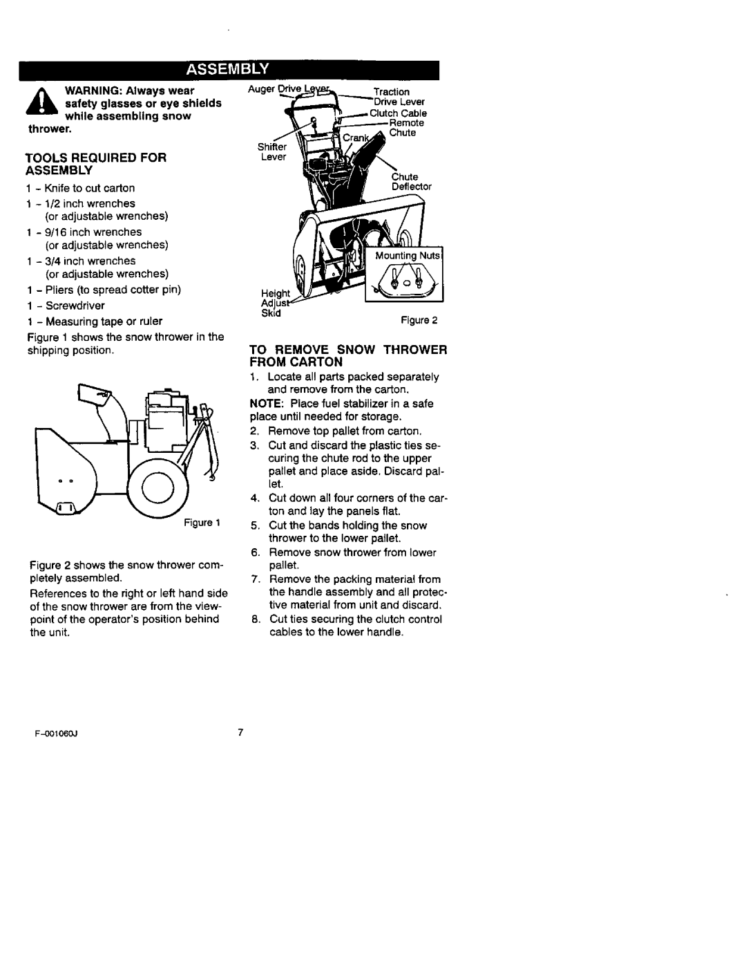 Craftsman 536.88113 operating instructions Thrower, Tools Required for Assembly, Knife to cut carton t 1/2 inch wrenches 