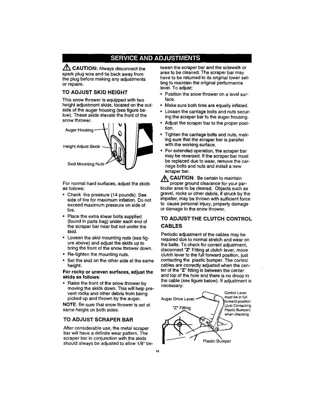 Craftsman 536.88123 operating instructions To Adjust Skid Height, To Adjust Scraper Bar, To Adjustthe Clutch Control Cables 