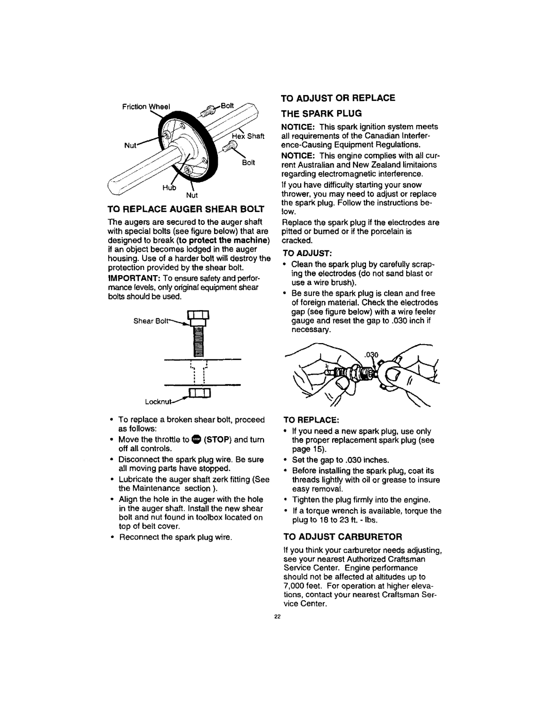 Craftsman 536.88123 To Replace Auger Shear Bolt, To Adjust Or Replace The Spark Plug, To Adjust Carburetor 