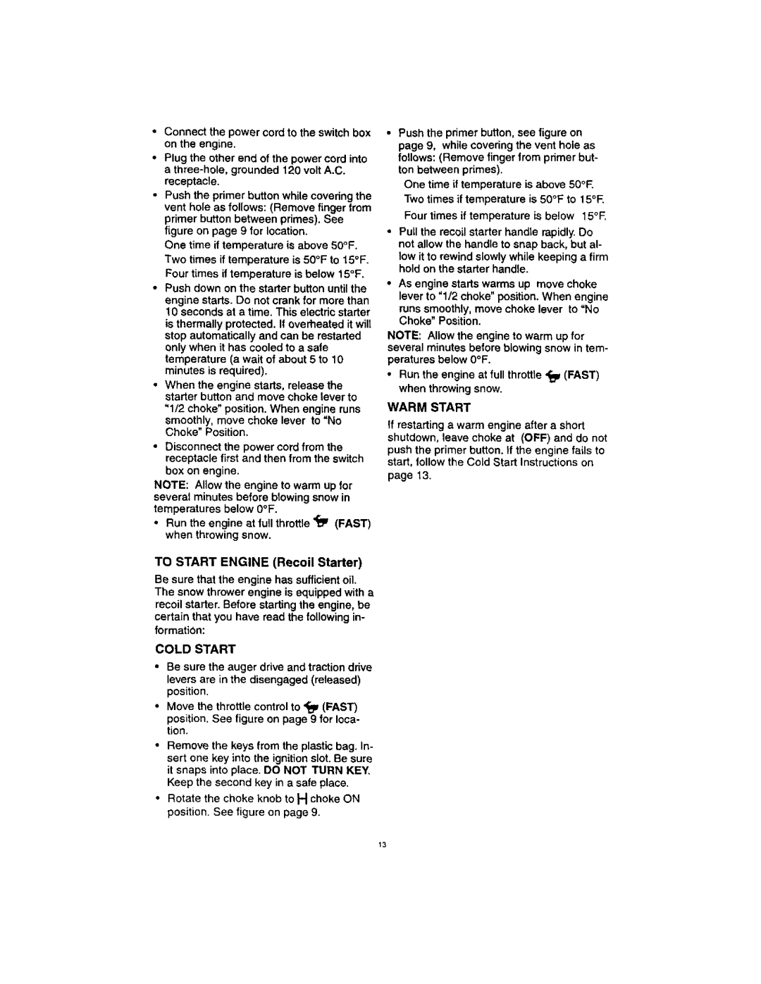 Craftsman 536.88123 Warm Start, Push down on the starter button until, To Start Engine Recoil Starter 