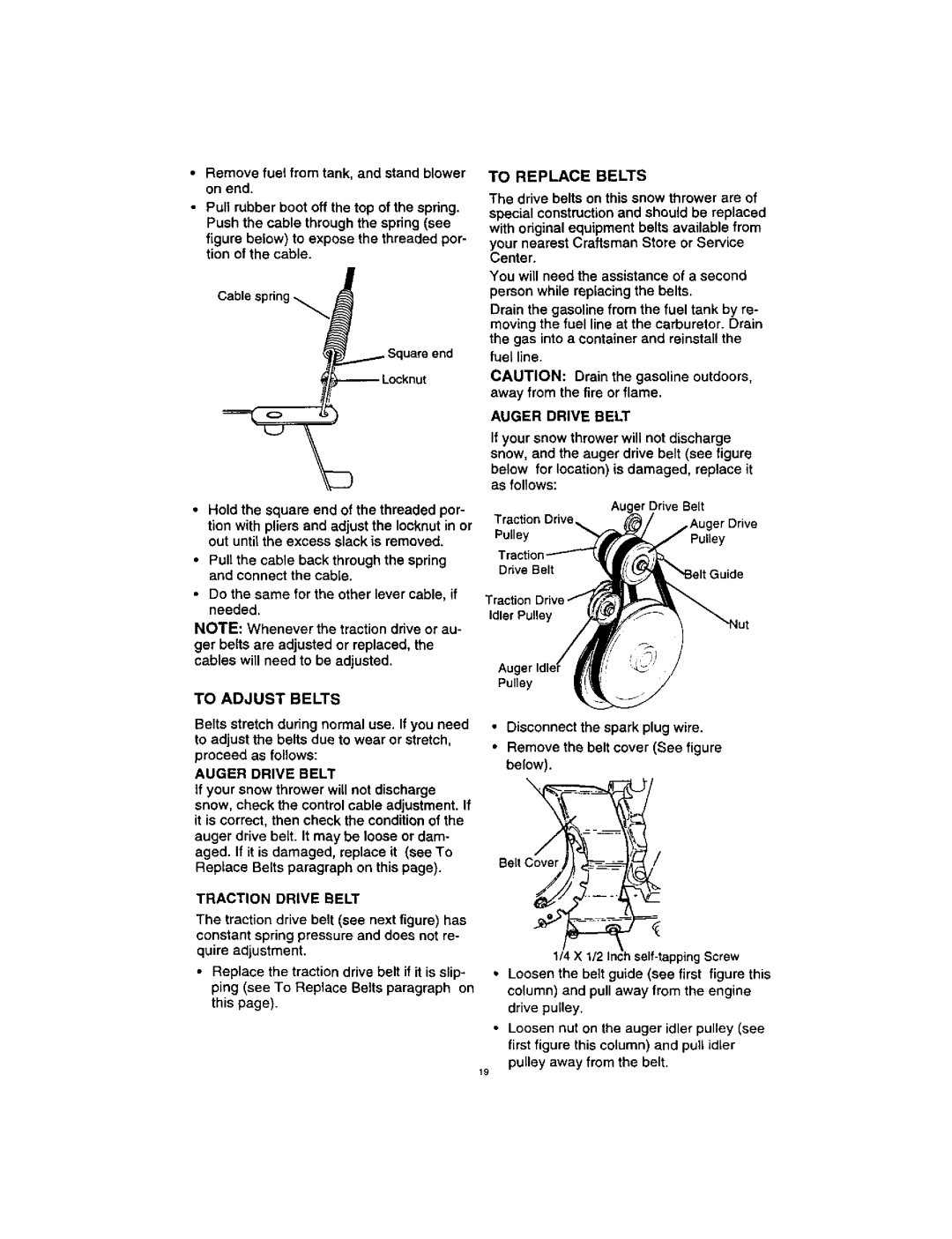 Craftsman 536.88123 operating instructions To Adjust Belts, To Replace Belts, Auger Drive Belt, Traction Drive Belt 