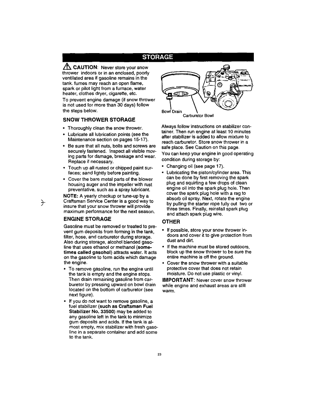 Craftsman 536.88123 Snow Thrower Storage, Engine Storage, Other, Steps below, Gasoline must be removed or treated to pre 