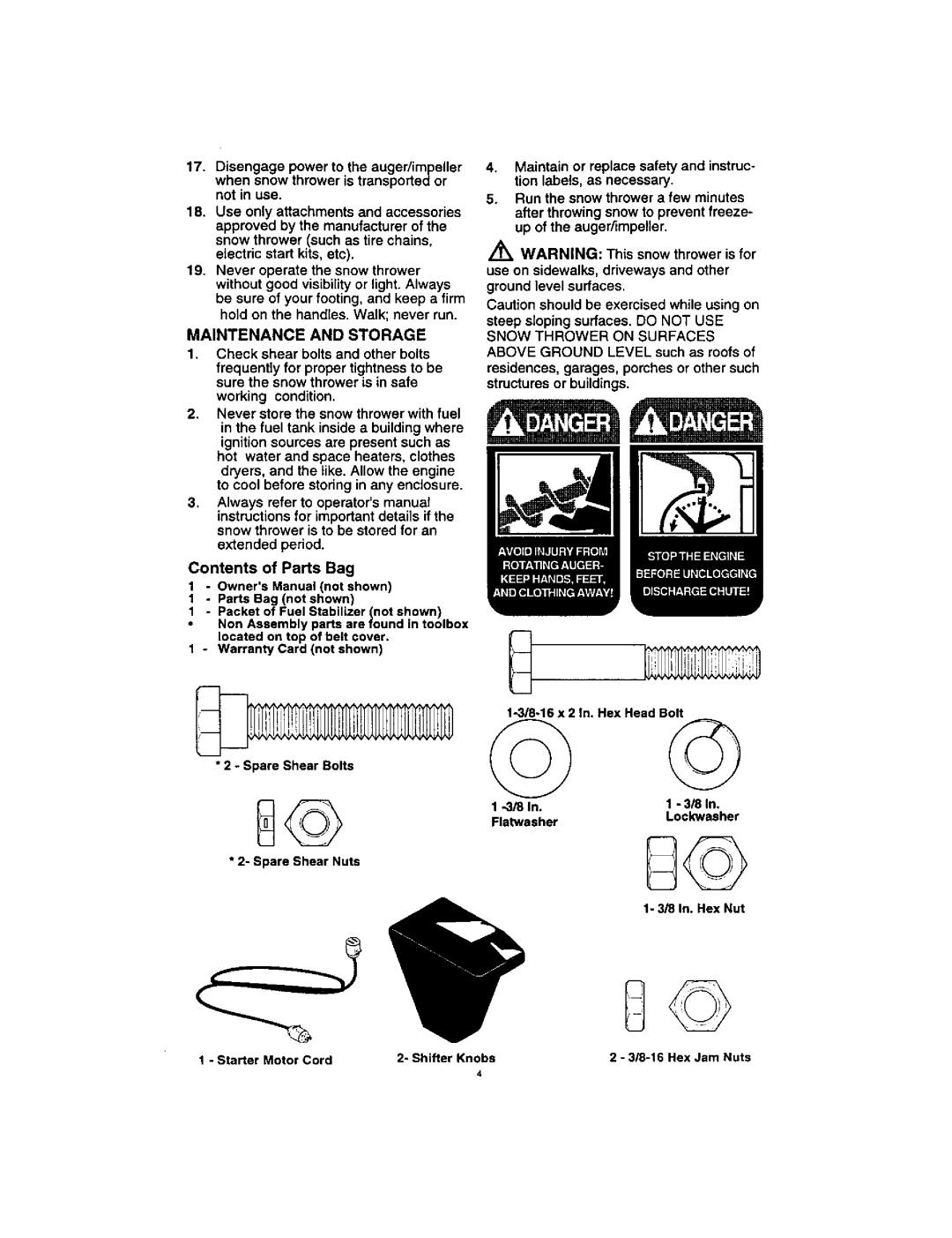 Craftsman 536.88123 Maintenance and Storage, Steep sloping surfaces. do not USE Snow Thrower on Surfaces, Flatwasher 