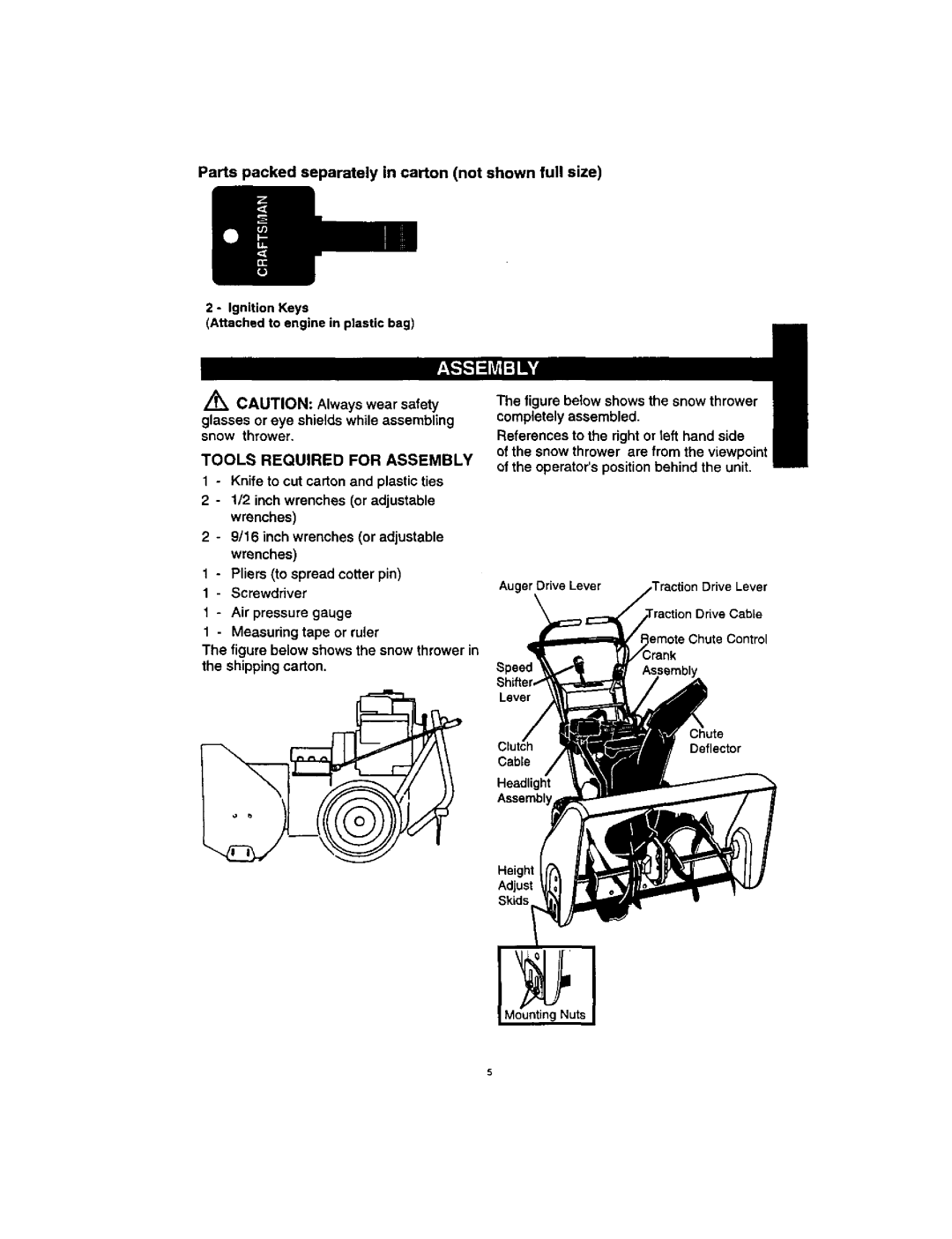 Craftsman 536.88123 Glasses or eye shields while assembling snow thrower, Tools Required for Assembly, Speed Lever 