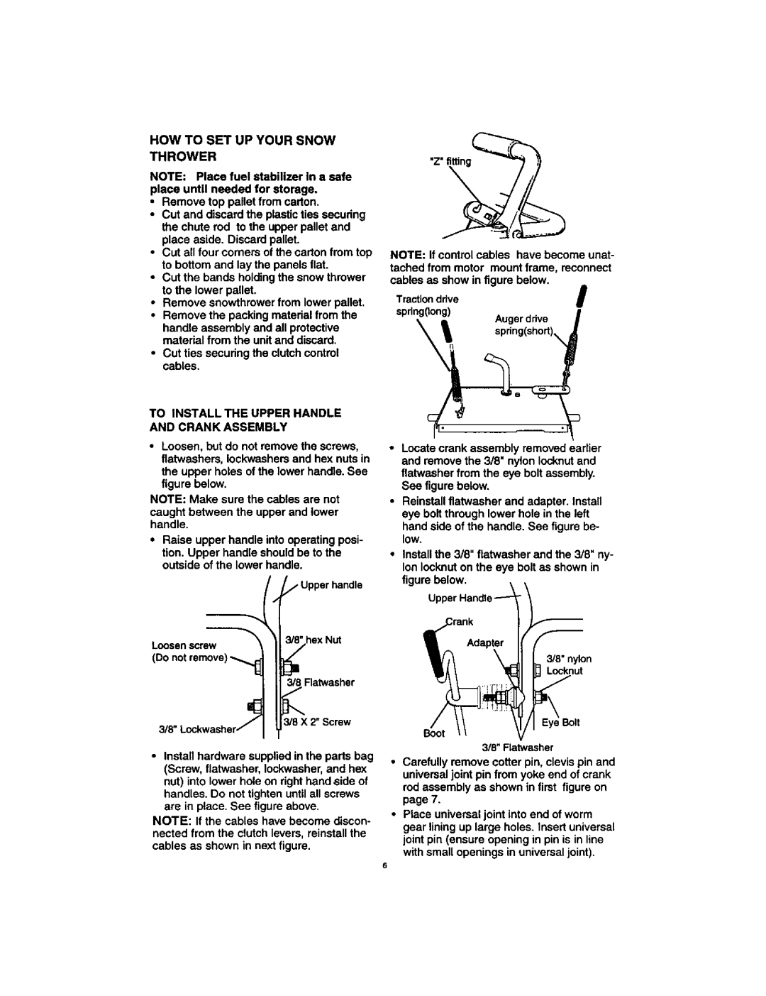 Craftsman 536.88123 operating instructions HOW to SET UP Your Snow Thrower, To Installthe Upper Handle and Crankassembly 