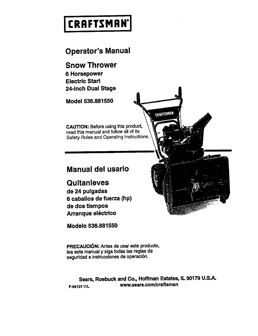 Craftsman 536.88155 operating instructions OperatorsManual Snow Thrower 