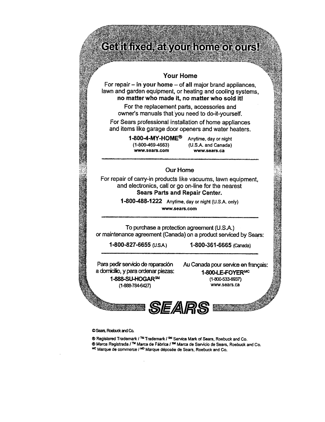 Craftsman 536.88155 Your Home, Sears Parts and Repair Center Anytime,dayornightU.S.A.only, MY-HOME Anytime, day or night 