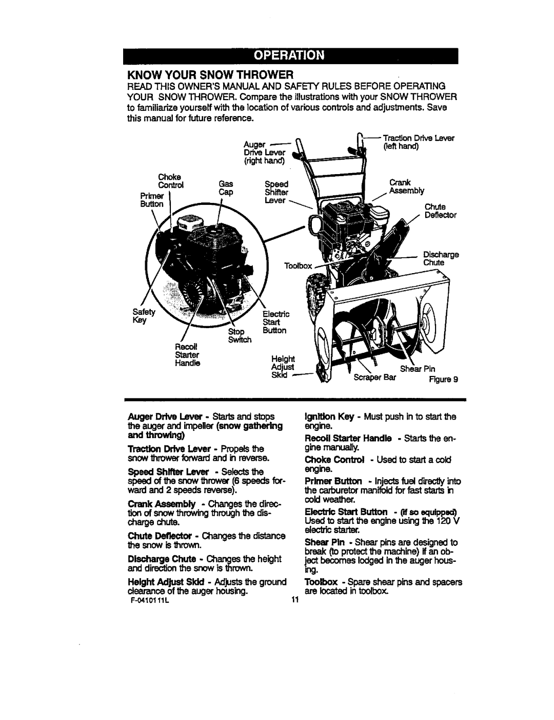 Craftsman 536.88155 operating instructions Know Your Snow Thrower, Choke Control Gas PrimerCap Button Safety, Starter 