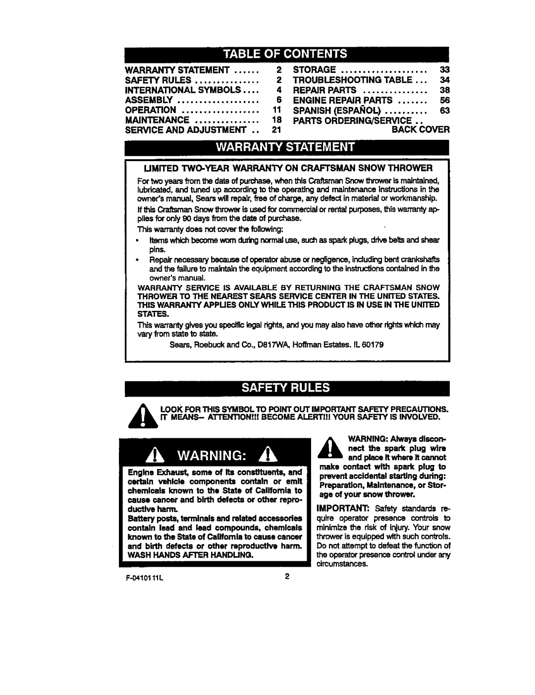 Craftsman 536.88155 operating instructions Warranty Statement Storage Safety Rules, Birth defects or other mproductNe harm 