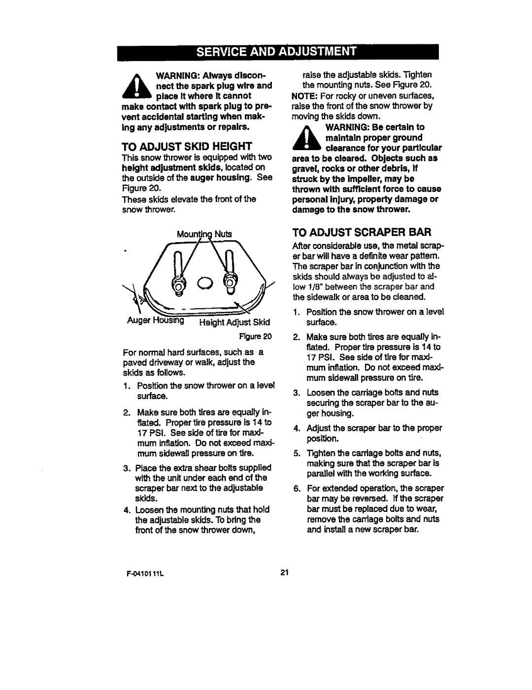 Craftsman 536.88155 operating instructions To Adjust Skid Height, To Adjust Scraper BAR 