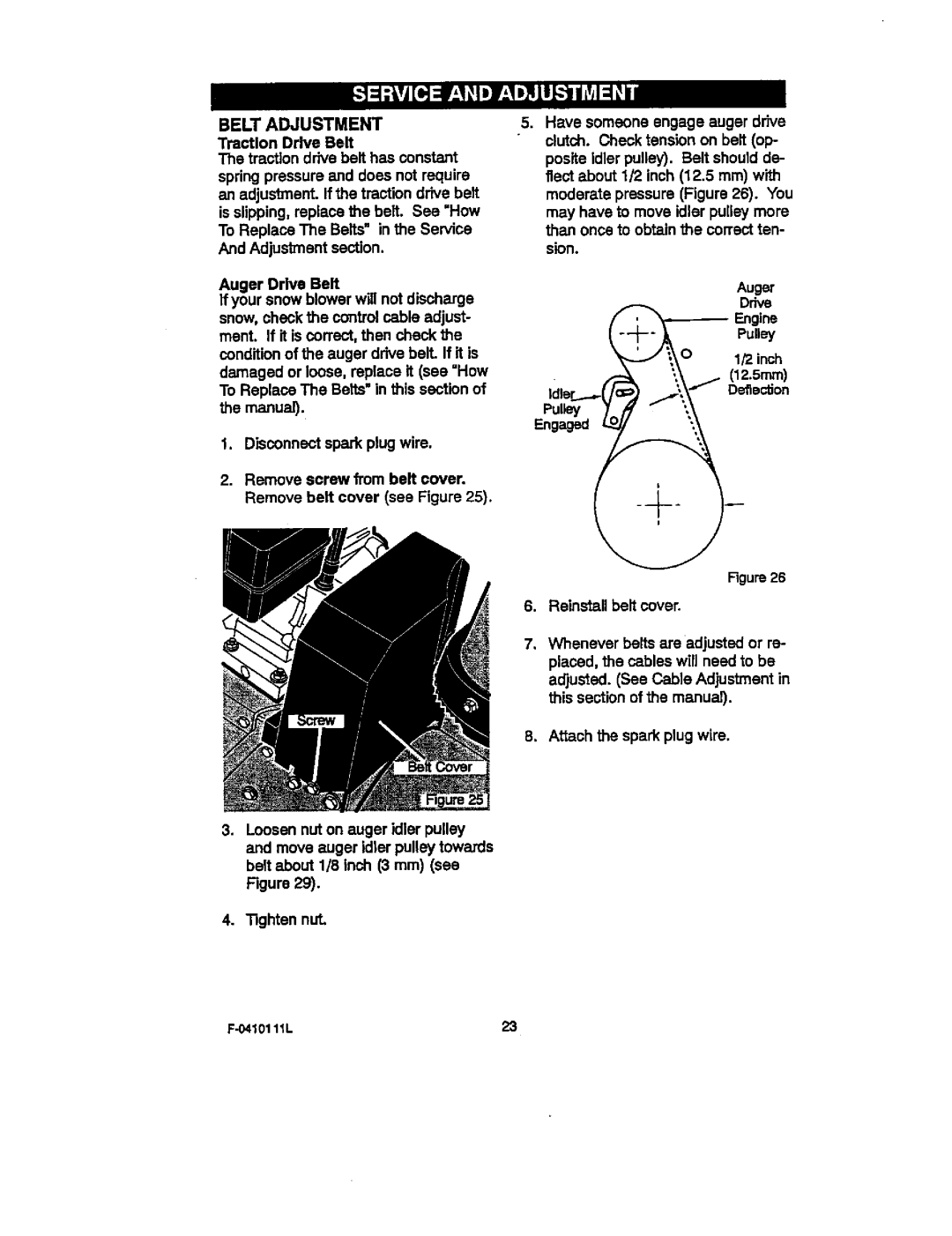 Craftsman 536.88155 operating instructions Belt Adjustment, Inch, Engaged 