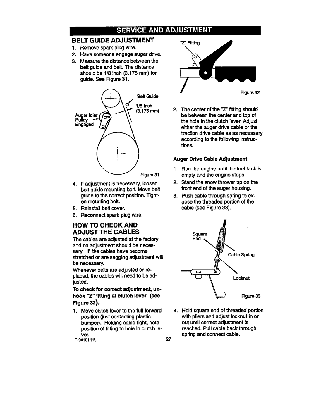 Craftsman 536.88155 Belt Guide Adjustment, HOW to Check Adjust the Cables, Auger Drive Cable Adjustment 