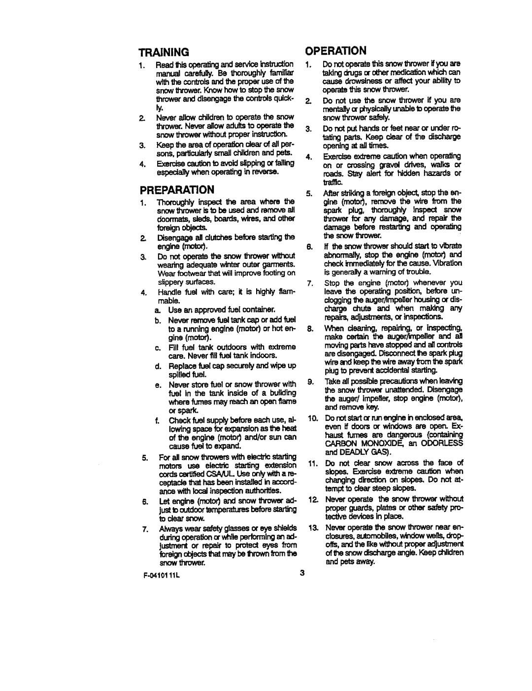 Craftsman 536.88155 operating instructions Training, Preparation Operation 